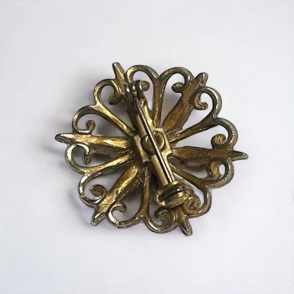 Vintage Antique Gold Tone Starburst Orange Acrylic Stones Faux Pearl Pin Brooch